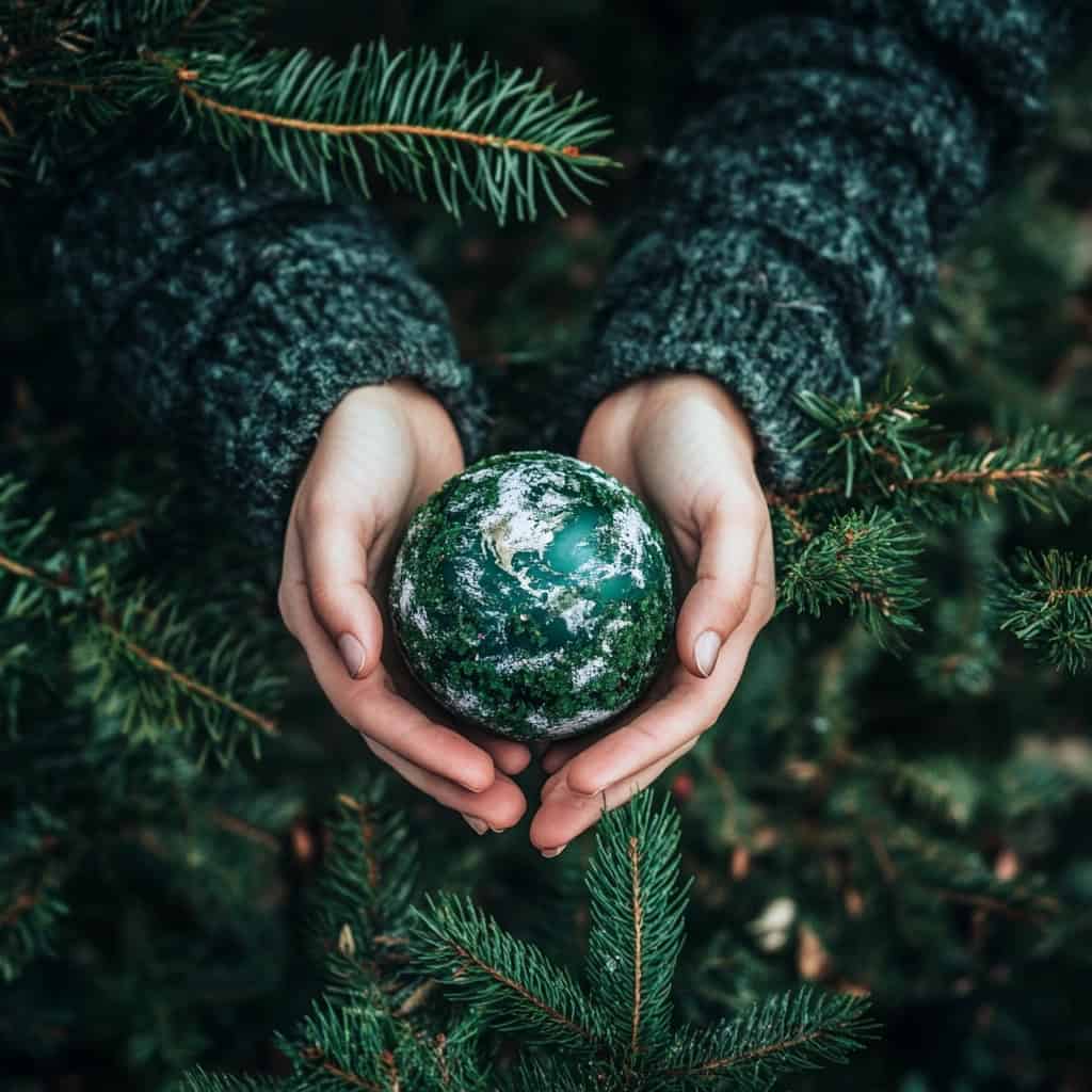 Hands holding a globe surrounded by Christmas trees for eco-friendly holiday season.