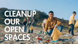 Group of diverse people participating in a climate cleanup event on a beach.