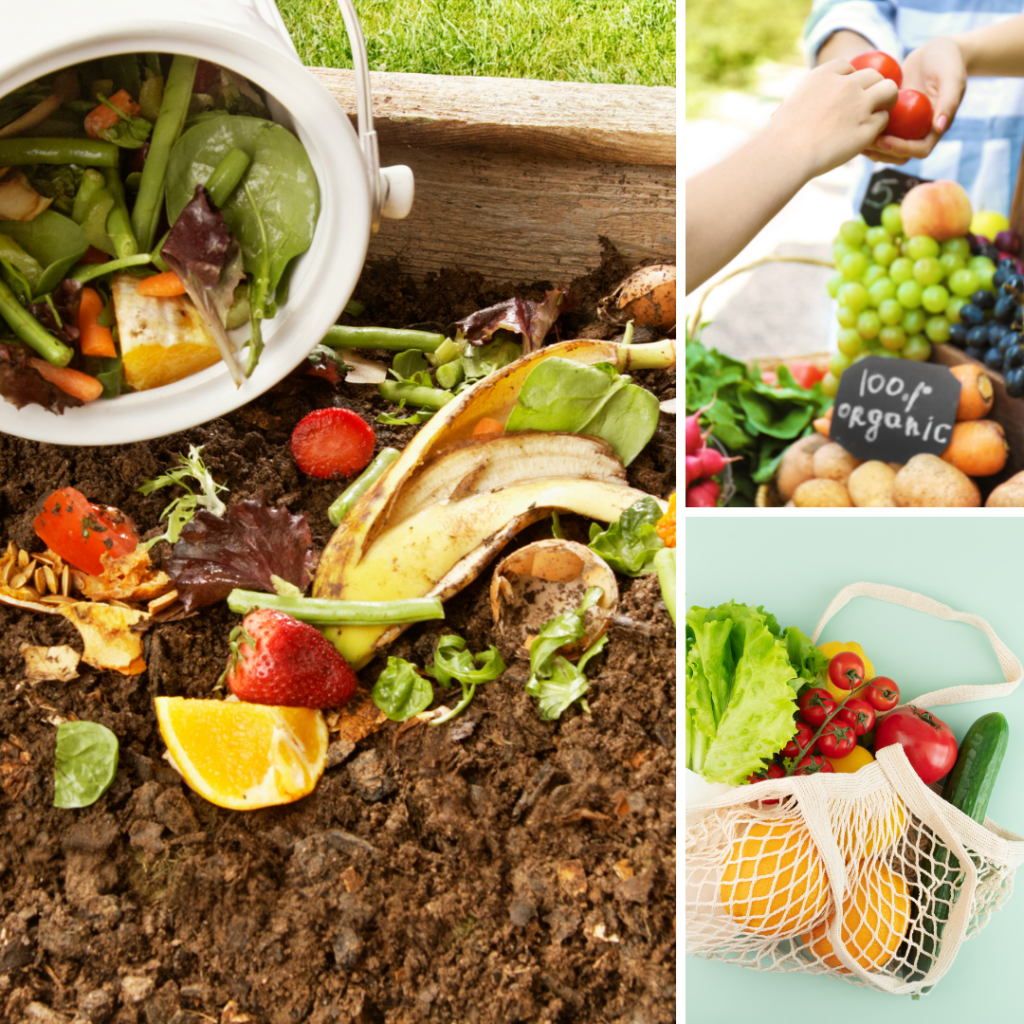 Fresh organic vegetables and fruits in a reusable bag promoting local sustainable food choices.