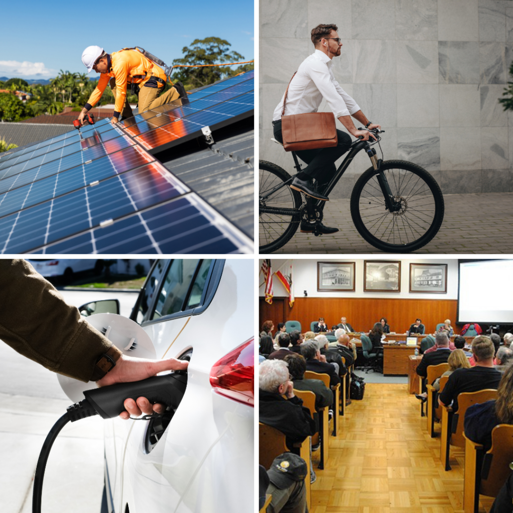 Solar panel installer working on rooftop solar panels for climate change mitigation.