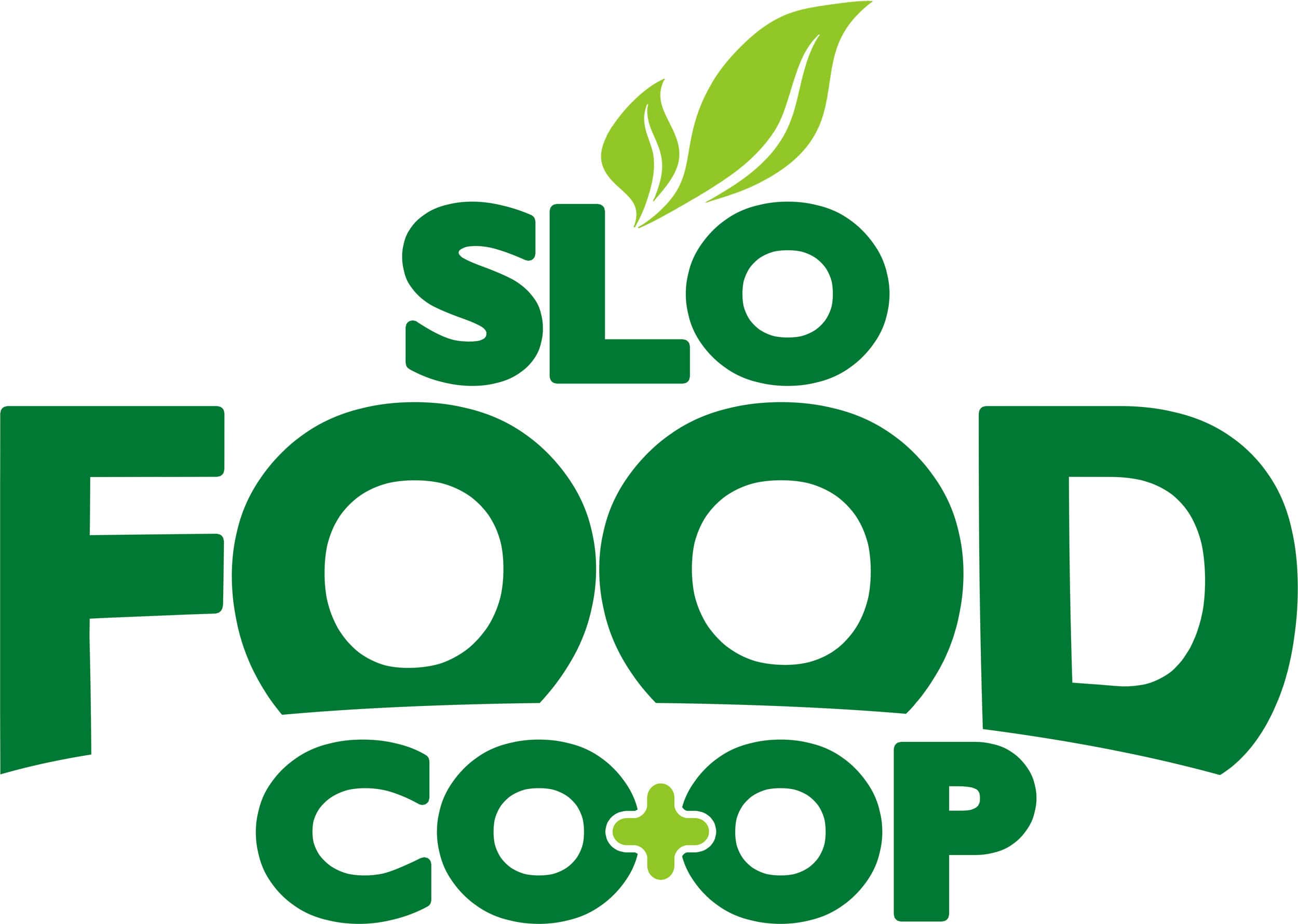 SLO Food Coop logo with green leaves, representing sustainability and community support.