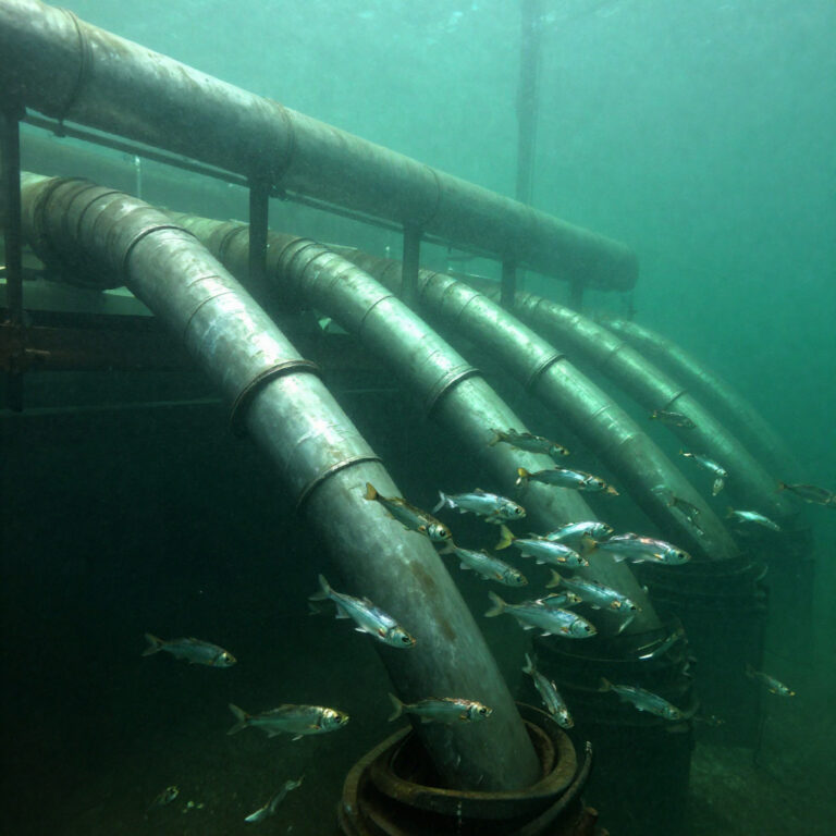 Large industrial pipes sucking in schools of silver fish