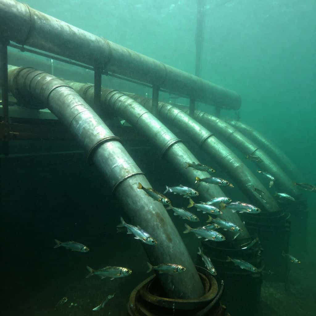 Large industrial pipes sucking in schools of silver fish